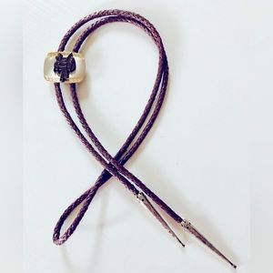 BOLO TIE, Western Saddle Slide, 39" Braided Brown Leather Silver /bronze